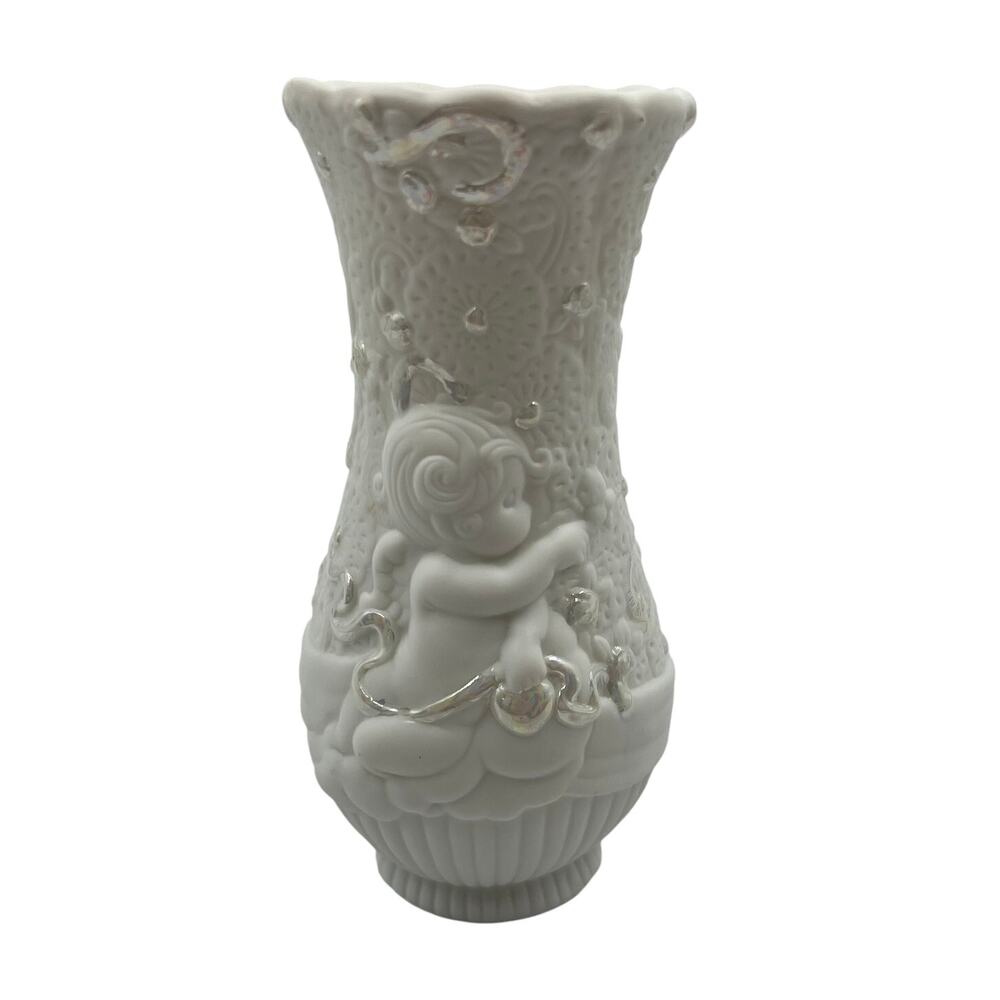 Vintage Precious Moments Matte White 3D Raised Vase Iridescent Angel Baby Decor